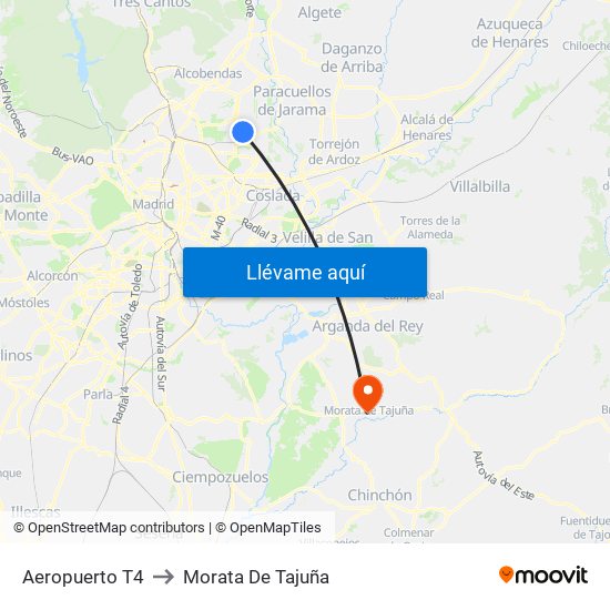 Aeropuerto T4 to Morata De Tajuña map