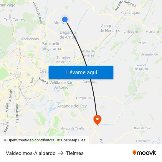 Valdeolmos-Alalpardo to Tielmes map