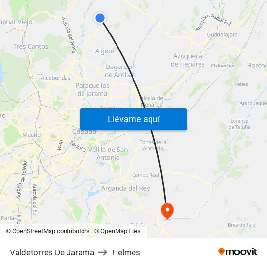 Valdetorres De Jarama to Tielmes map