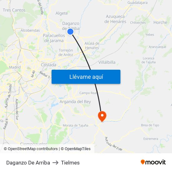 Daganzo De Arriba to Tielmes map