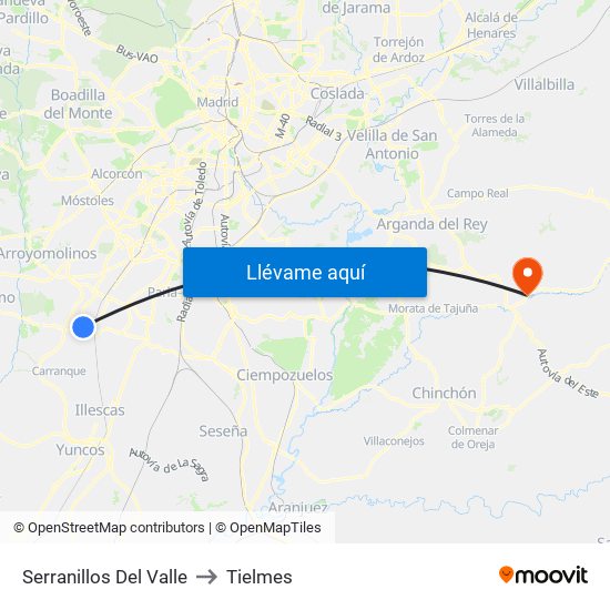 Serranillos Del Valle to Tielmes map