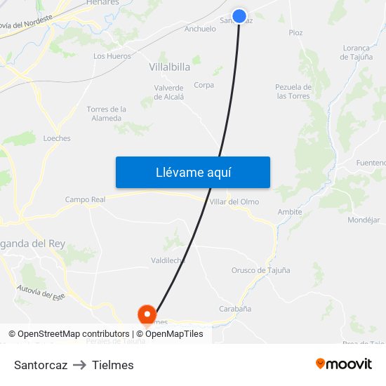 Santorcaz to Tielmes map