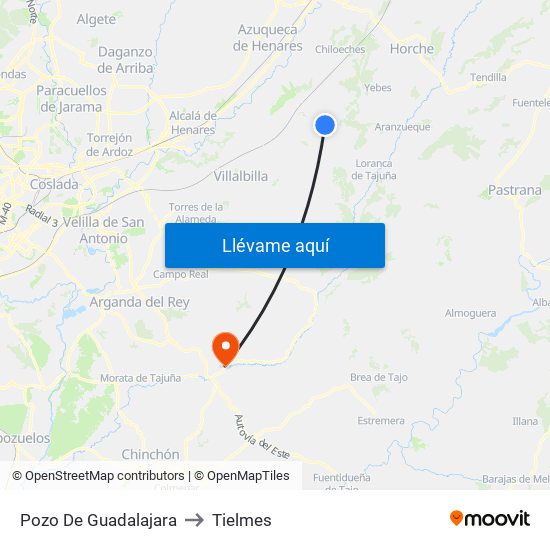 Pozo De Guadalajara to Tielmes map