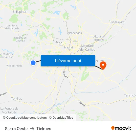 Sierra Oeste to Tielmes map