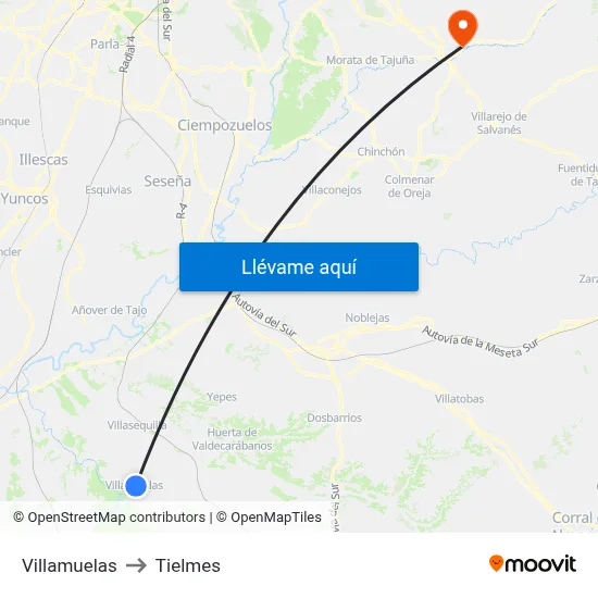 Villamuelas to Tielmes map
