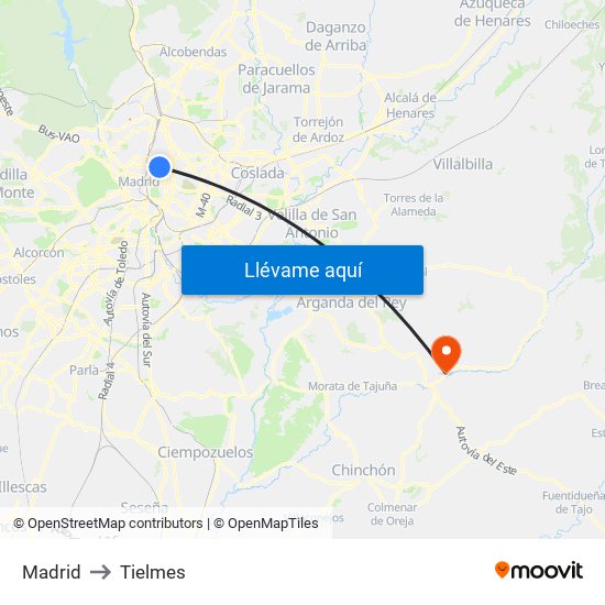 Madrid to Tielmes map