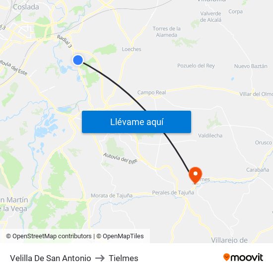 Velilla De San Antonio to Tielmes map