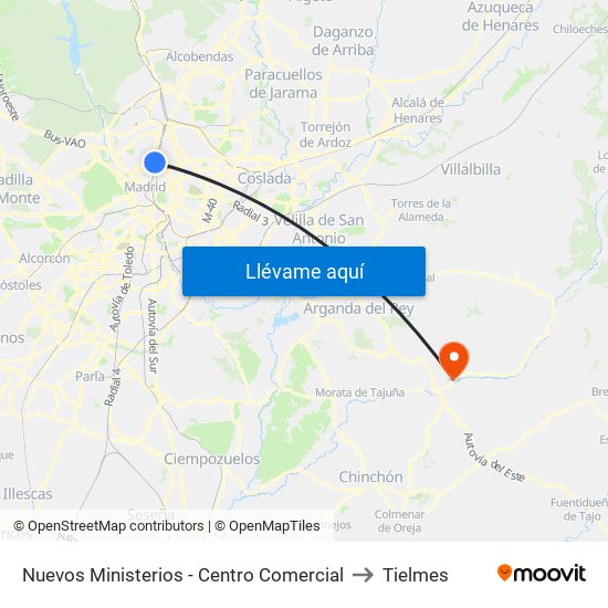 Nuevos Ministerios - Centro Comercial to Tielmes map