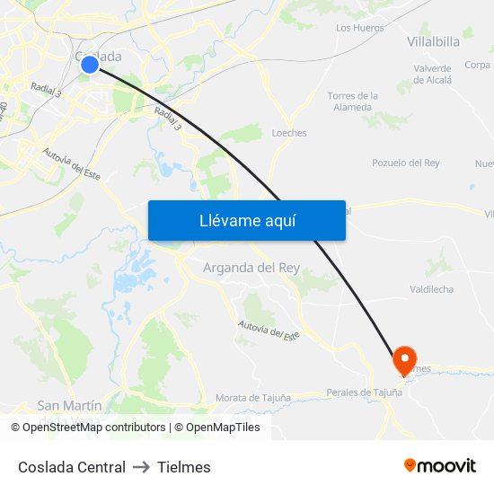 Coslada Central to Tielmes map