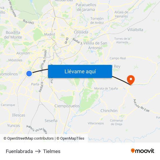 Fuenlabrada to Tielmes map