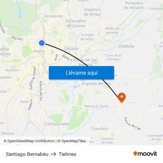 Santiago Bernabéu to Tielmes map