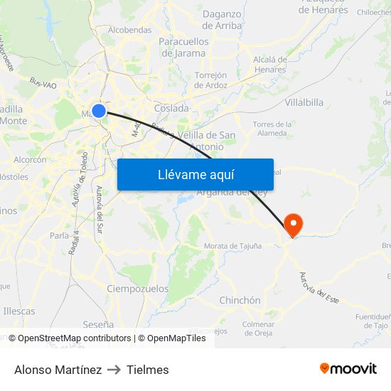 Alonso Martínez to Tielmes map