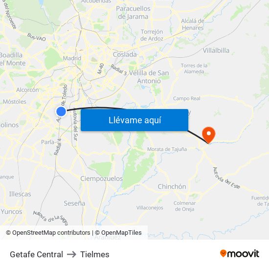 Getafe Central to Tielmes map