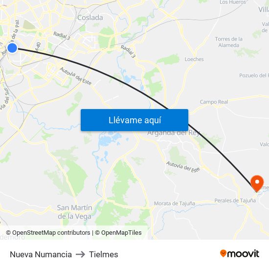 Nueva Numancia to Tielmes map