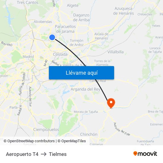 Aeropuerto T4 to Tielmes map