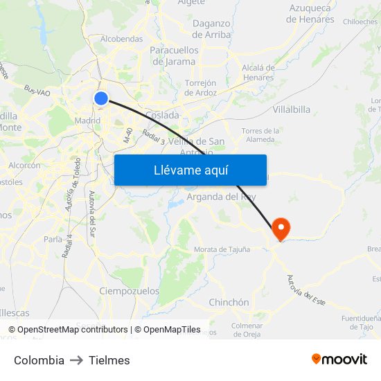 Colombia to Tielmes map