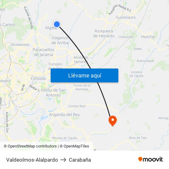 Valdeolmos-Alalpardo to Carabaña map