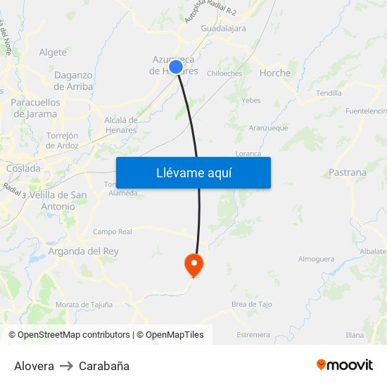 Alovera to Carabaña map