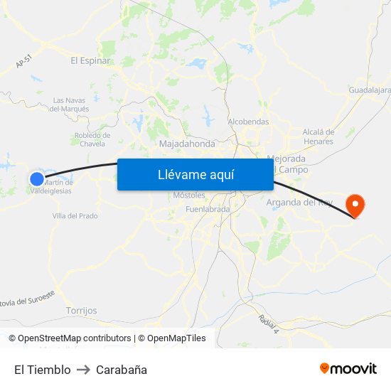 El Tiemblo to Carabaña map