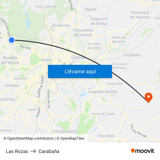 Las Rozas to Carabaña map