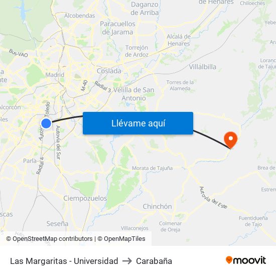 Las Margaritas - Universidad to Carabaña map