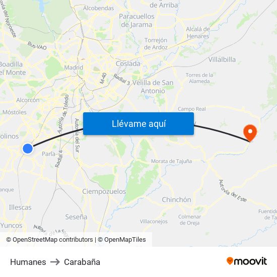 Humanes to Carabaña map