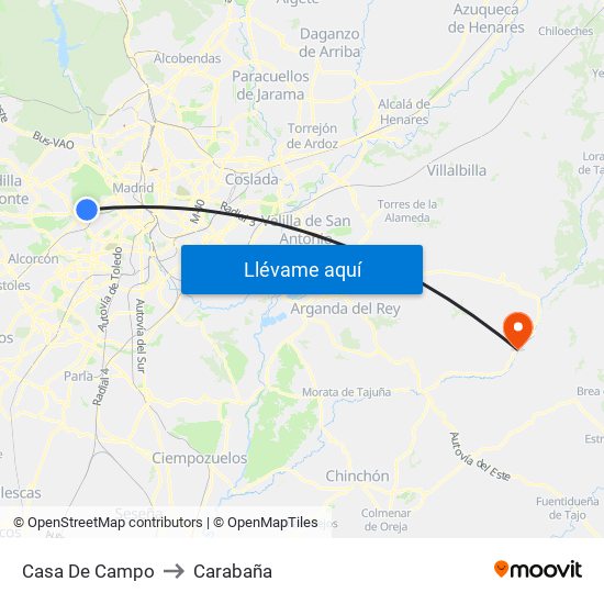Casa De Campo to Carabaña map