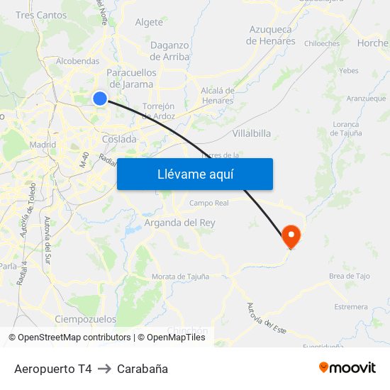 Aeropuerto T4 to Carabaña map
