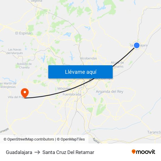 Guadalajara to Santa Cruz Del Retamar map