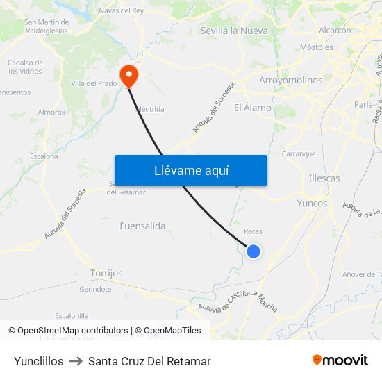 Yunclillos to Santa Cruz Del Retamar map
