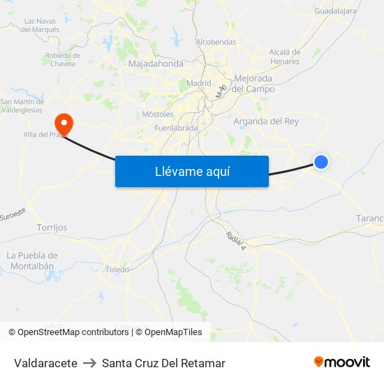 Valdaracete to Santa Cruz Del Retamar map