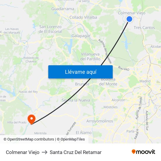 Colmenar Viejo to Santa Cruz Del Retamar map
