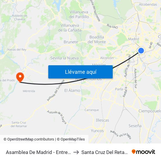 Asamblea De Madrid - Entrevías to Santa Cruz Del Retamar map