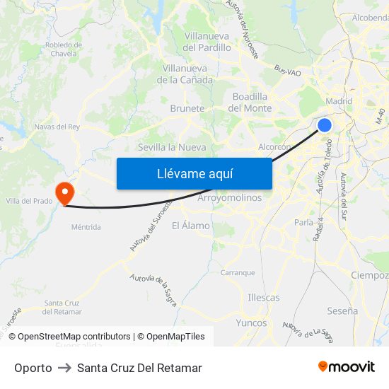 Oporto to Santa Cruz Del Retamar map