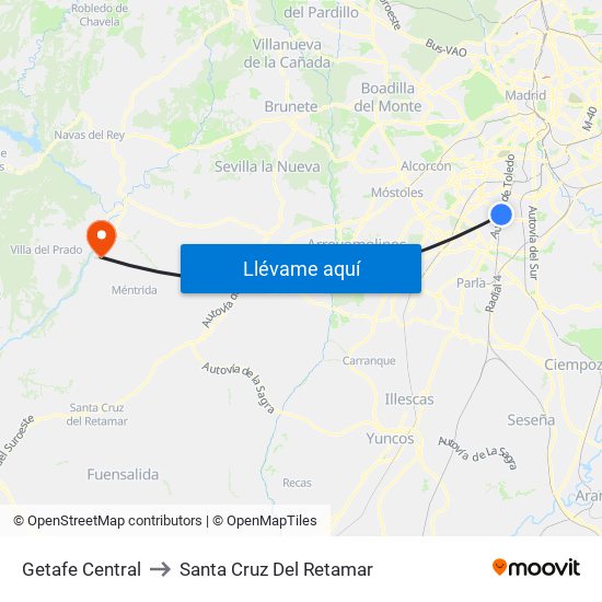 Getafe Central to Santa Cruz Del Retamar map
