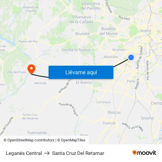 Leganés Central to Santa Cruz Del Retamar map