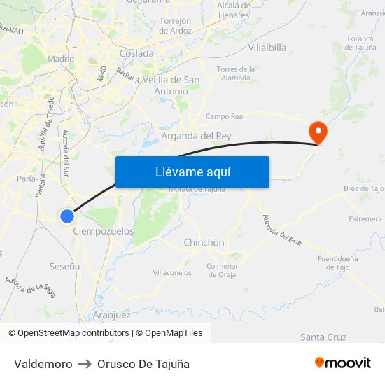 Valdemoro to Orusco De Tajuña map