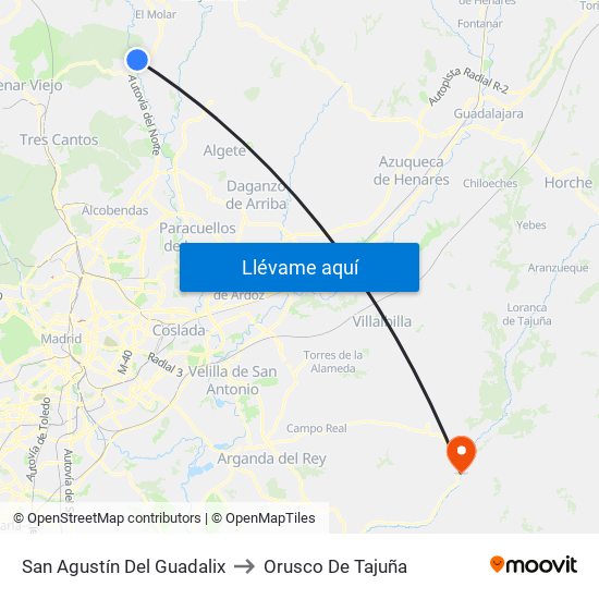 San Agustín Del Guadalix to Orusco De Tajuña map