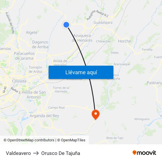 Valdeavero to Orusco De Tajuña map