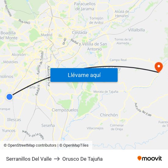 Serranillos Del Valle to Orusco De Tajuña map