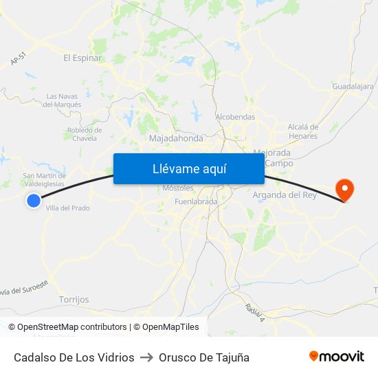 Cadalso De Los Vidrios to Orusco De Tajuña map