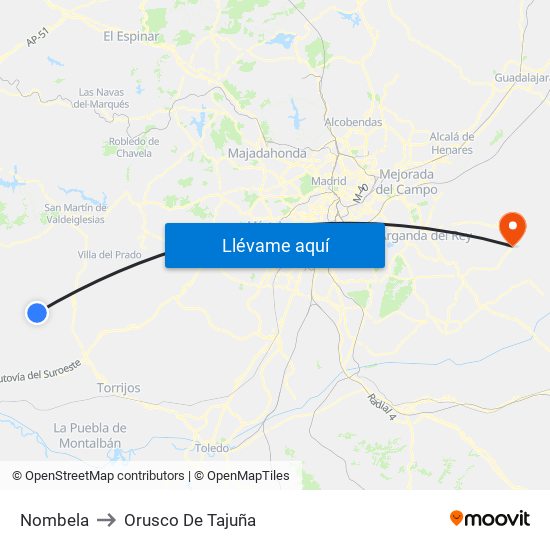 Nombela to Orusco De Tajuña map