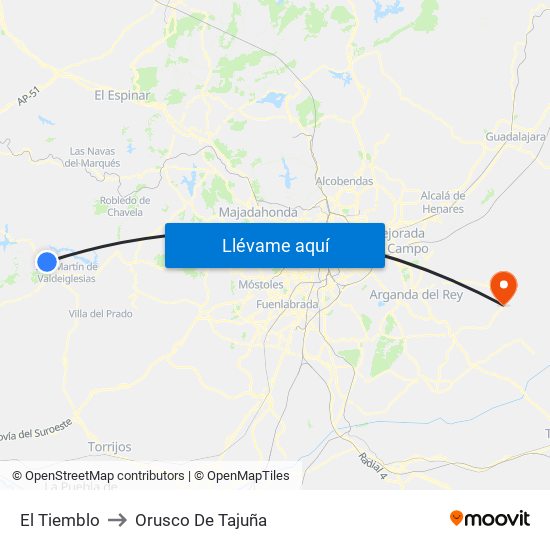 El Tiemblo to Orusco De Tajuña map