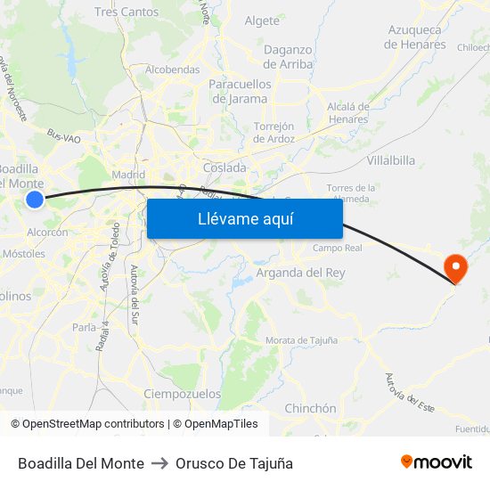Boadilla Del Monte to Orusco De Tajuña map