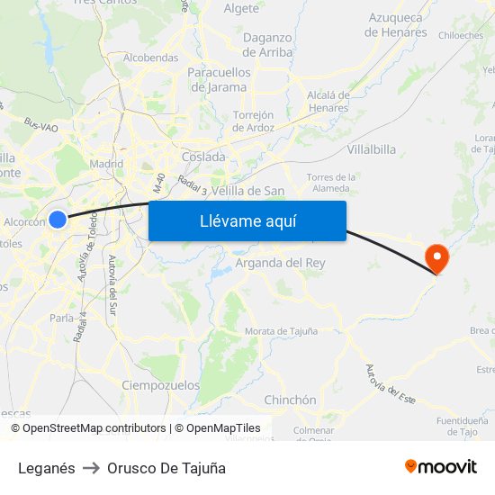Leganés to Orusco De Tajuña map