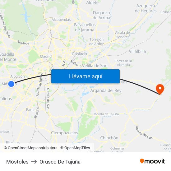 Móstoles to Orusco De Tajuña map