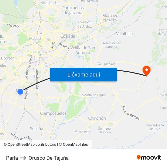 Parla to Orusco De Tajuña map