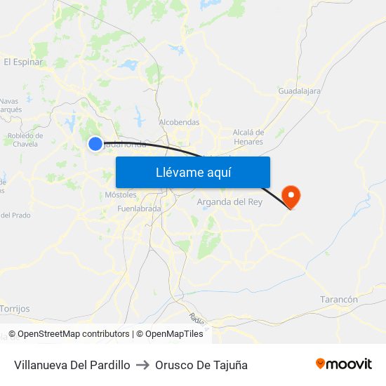 Villanueva Del Pardillo to Orusco De Tajuña map