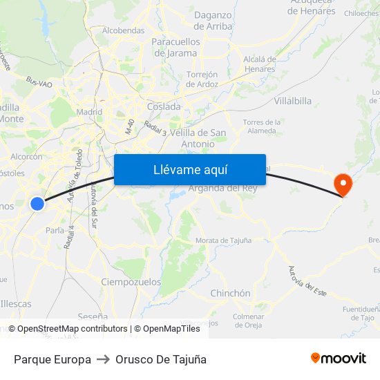 Parque Europa to Orusco De Tajuña map