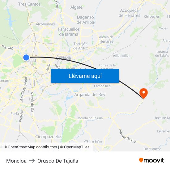 Moncloa to Orusco De Tajuña map